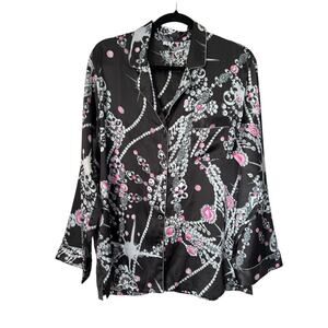 Victorias Secret Pajama Sleep Shirt Size M Button Up Long Sleeve Black Geometric